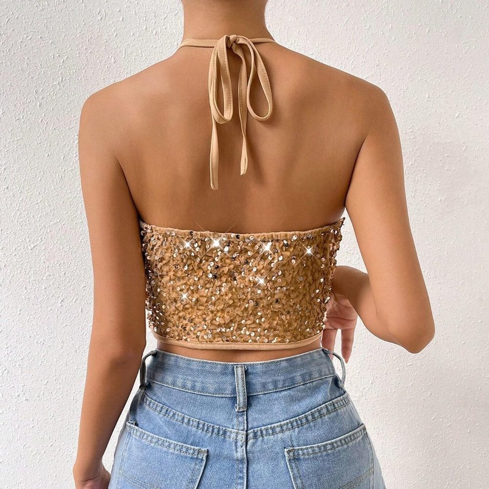 Gold Party Womens Draped Collar Backless Sequin Halter Top - Picture 3 of 5